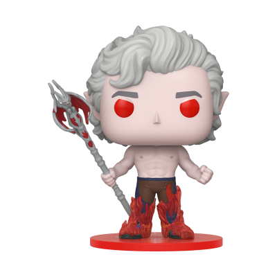 Figura Funko Pop com cabelo grisalho e olhos vermelhos segurando cetro e botas em chama