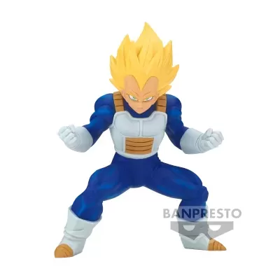Figura Vegeta Super Saiyan em pose de combate com roupa azul e branca