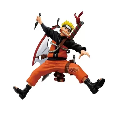Figura de ação do personagem Naruto com roupa preta e laranja segurando kunai e katana