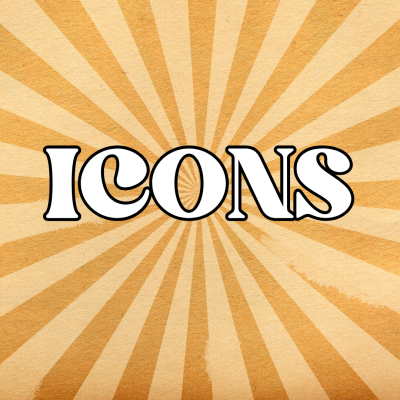 Fundo envelhecido bege com padrão de raios e palavra 'ICONS' ao centro em letras brancas com contorno preto