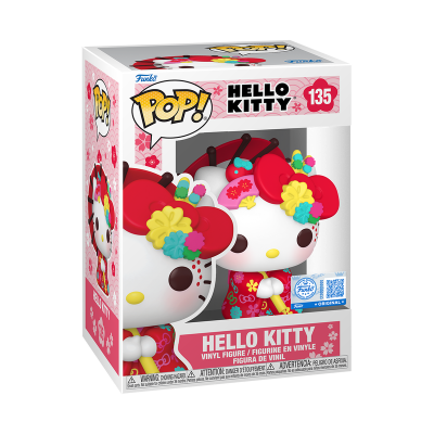 Figura de vinil Funko Pop! Hello Kitty número 135 em caixa rosa com padrão floral
