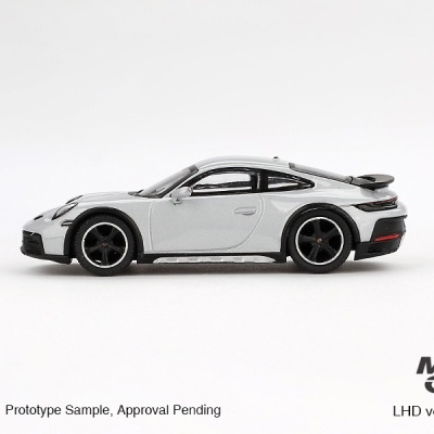 Miniatura de carro desportivo Porsche cinzento com jantes pretas em fundo branco