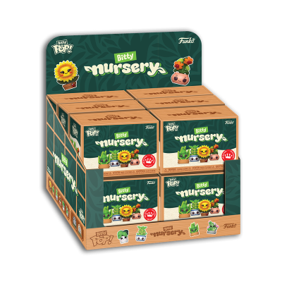 Expositor Funko Pop! Bitty Nursery com caixas de brinquedos de plantas em vasos sorridentes