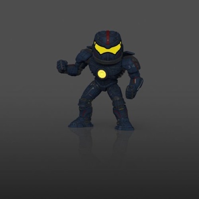 Figura de ação robô com armadura azul escura e detalhes vermelhos