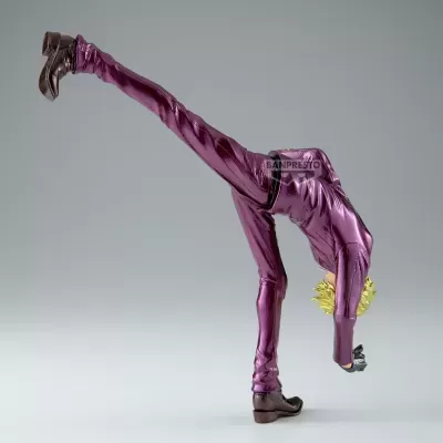 Figura colecionável em pose de equilíbrio com roupa roxa brilhante e cabelo amarelo