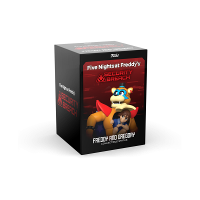 Caixa de produto preta com texto vermelho e branco de estátua colecionável de Five Nights at Freddy's