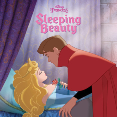 Capa do filme Disney Sleeping Beauty com princesa Aurora adormecida e príncipe com capa vermelha