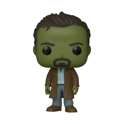 Figura colecionável de vinil estilo Funko Pop com pele verde e casaco castanho.