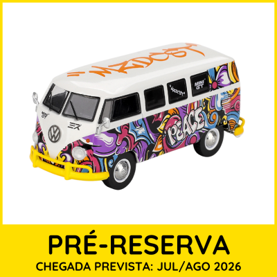 Miniatura de carrinha Volkswagen com design psicadélico colorido e pára-choques amarelo