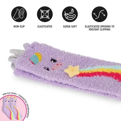 Meias antiderrapantes lilás com unicórnio colorido e arco-íris