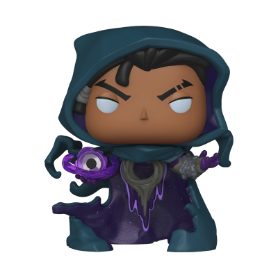 Figura Funko Pop com capuz azul escuro e objeto roxo com olho