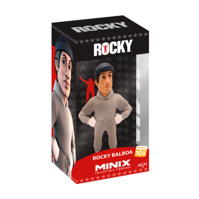 Figura colecionável Rocky Balboa em caixa preta com texto e imagem do personagem.