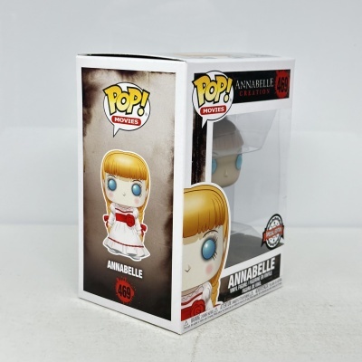 Embalagem Funko Pop! Annabelle em vinil, caixa branca com letras POP! MOVIES e número 469.