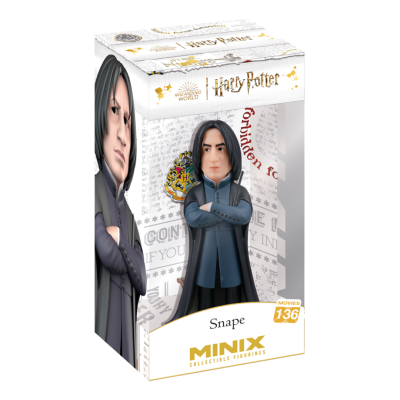 Figura Minix Snape Harry Potter embalagem branca com texto e brasão Hogwarts