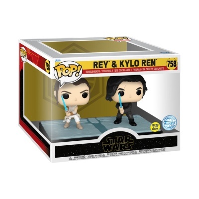 Conjunto de figuras Pop! Star Wars Rey e Kylo Ren na embalagem