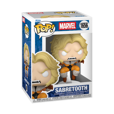 Caixa de figura Funko Pop! Marvel Sabretooth nº 1656 com janela transparente, personagem com cabelo loiro e roupa laranja branca