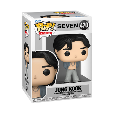 Figura de vinil Pop! Rocks de Jung Kook com cabelo preto e roupa cinza na caixa