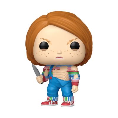 Funko Pop Chucky com faca e roupa colorida às riscas