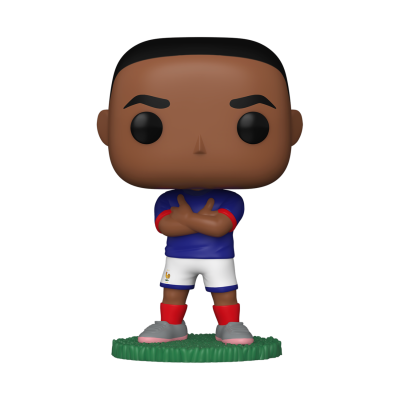 Boneco Funko Pop jogador de futebol com kit azul, branco e vermelho em base verde