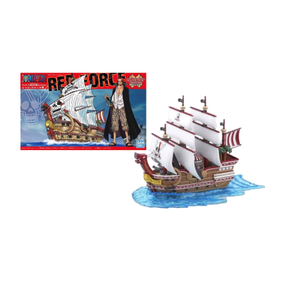 Modelo de navio Red Force com velas e base representação água.