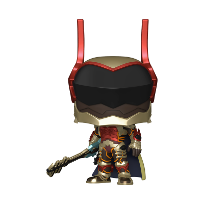 Figura Funko Pop de homem em armadura vermelha e dourada com capacete negro.