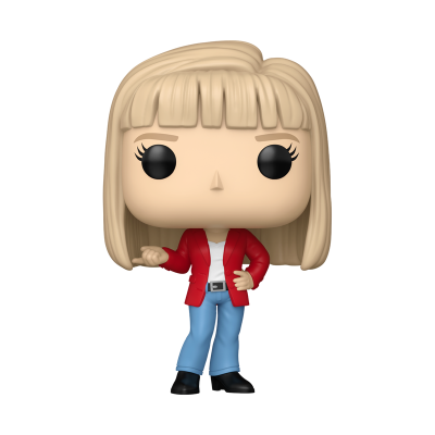 Funko Pop loira com casaco vermelho e calças azuis