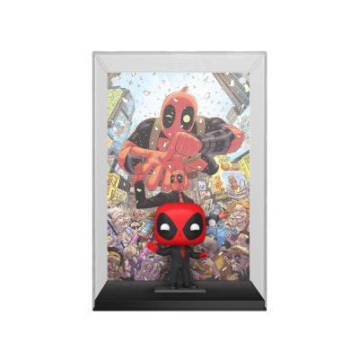 Figura Funko Pop do Deadpool com fundo ilustrado colorido