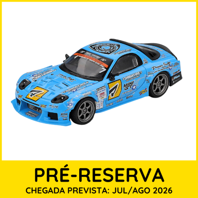 Miniatura de carro de corrida azul com número 7 e várias marcas impressas.