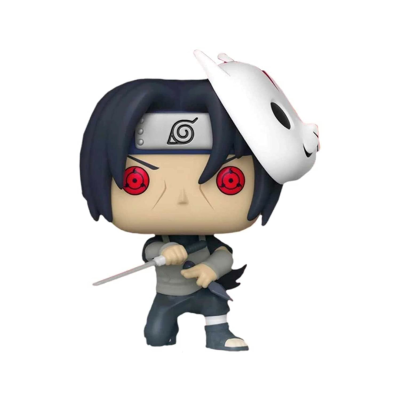 Figura Funko Pop Itachi Uchiha com cabelo preto, olhos vermelhos, bandana e máscara branca de raposa