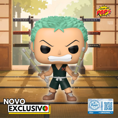 Figura Funko Pop personagem cabelo verde segurando duas varas em dojo