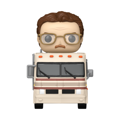 Figura Pop Funko de homem com cabelo castanho e óculos numa carrinha autocaravana branca