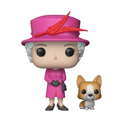 Figura Funko Pop de senhora com roupa rosa e chapéu com penas, com cão castanho e branco.