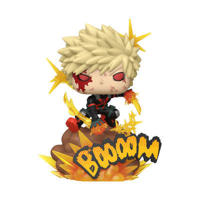 Funko Pop de personagem com cabelo loiro e explosões, texto BOOOOM