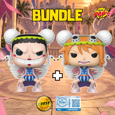 Duas figuras Funko Pop com asas e roupas coloridas em fundo de cenário antigo