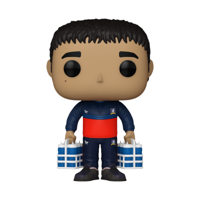 Figura Funko Pop de boneco masculino com roupa desportiva azul e vermelha e suportes com garrafas azuis e brancas