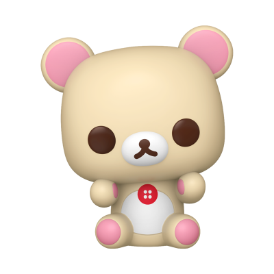 Figura de urso de pelúcia creme com detalhes cor de rosa e botão vermelho na barriga