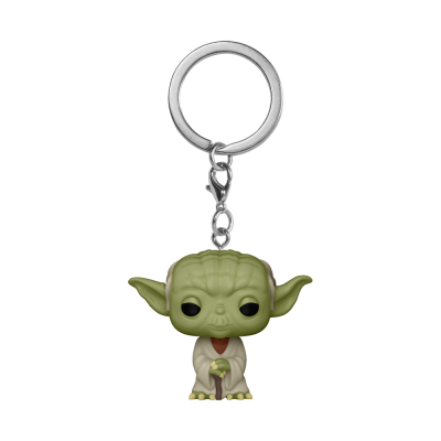 Chaveiro Funko Pop do Yoda verde com túnica bege e bastão