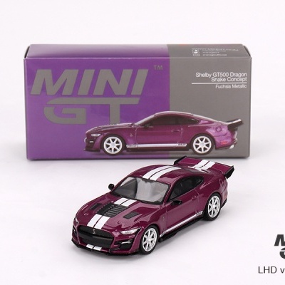 Miniatura carro Shelby GT500 Dragon Snake fúcsia com riscas brancas e rodas brancas