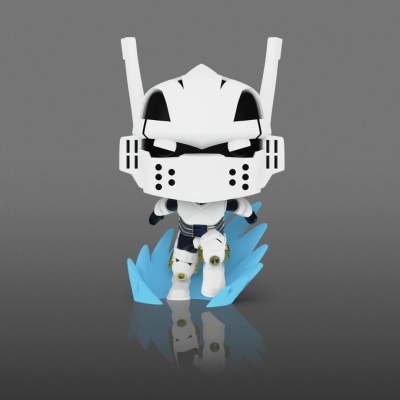 Figura de ação futurista em armadura branca e preta com suporte azul