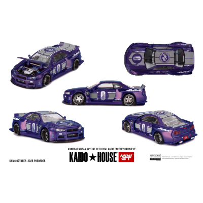 Miniatura de carro Nissan Skyline GT-R (R34) roxo com detalhes cinzentos