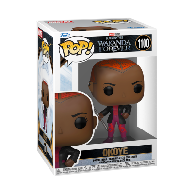Boneco Funko Pop Okoye da coleção Black Panther Wakanda Forever na caixa