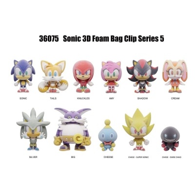 10 figuras Sonic 3D Foam Bag Clip Series 5 em diferentes personagens e cores, com texturas de espuma.