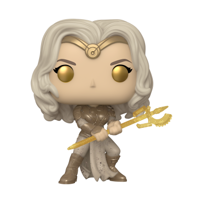 Figura colecionável Funko Pop mulher com cabelo loiro platinado e tridente dourado