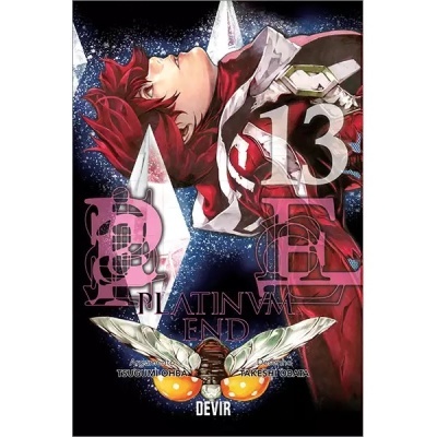 Capa de livro manga com personagem vermelho e branco e texto PT 13 E PLATINUM END
