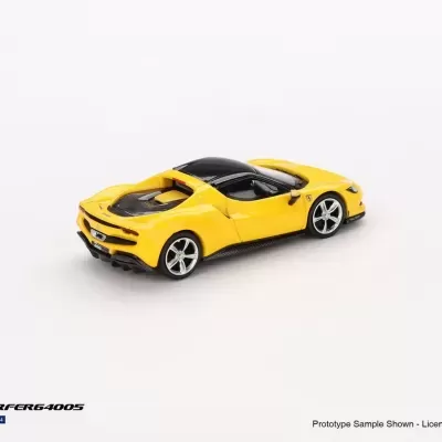 Carro modelo miniatura desportivo amarelo e preto com rodas prateadas