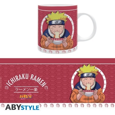 Caneca branca com desenho de Naruto a comer ramen e texto Ichiraku Ramen