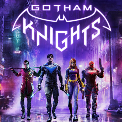 Capa do jogo Gotham Knights com quatro super-heróis numa rua urbana à noite