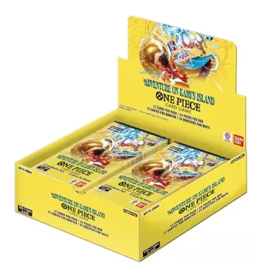 Expositor amarelo com packs de cartas do jogo One Piece