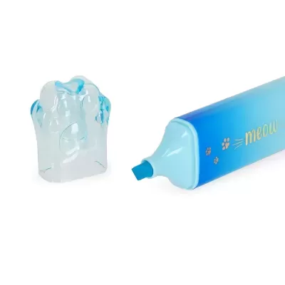 Marcador azul com tampa transparente em forma de pata e texto meow