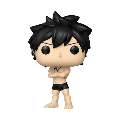 Boneco Funko Pop de personagem masculino com cabelo preto e calções pretos